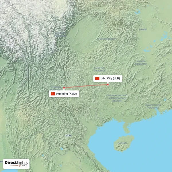 Kunming - Libo City direct flight map