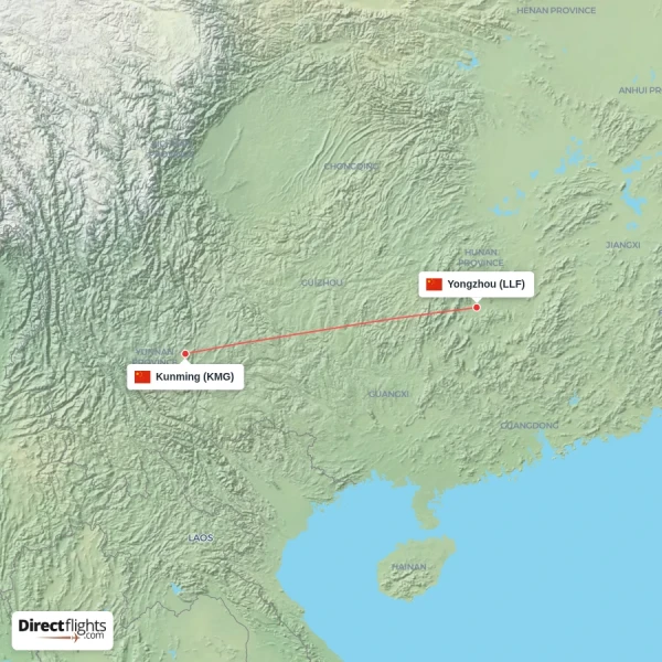 Kunming - Yongzhou direct flight map
