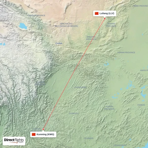 Kunming - Luliang direct flight map