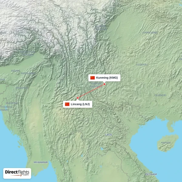 Kunming - Lincang direct flight map