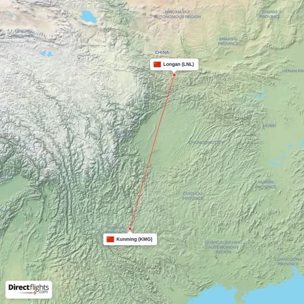 Kunming - Longan direct flight map