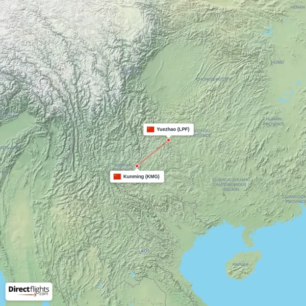 Kunming - Yuezhao direct flight map