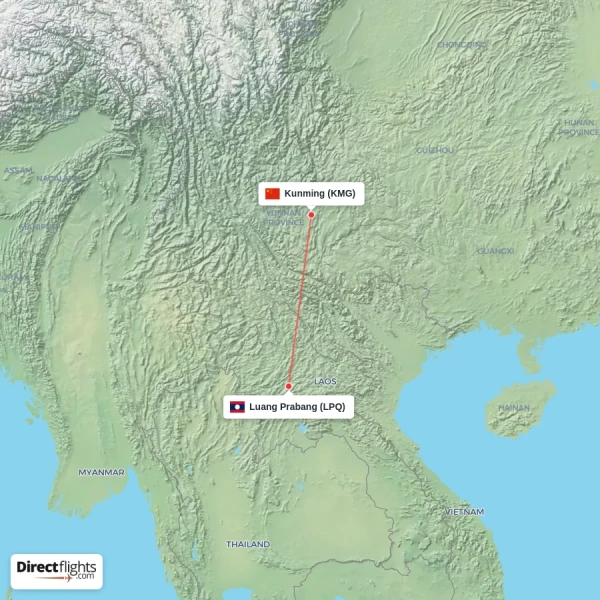 Kunming - Luang Prabang direct flight map