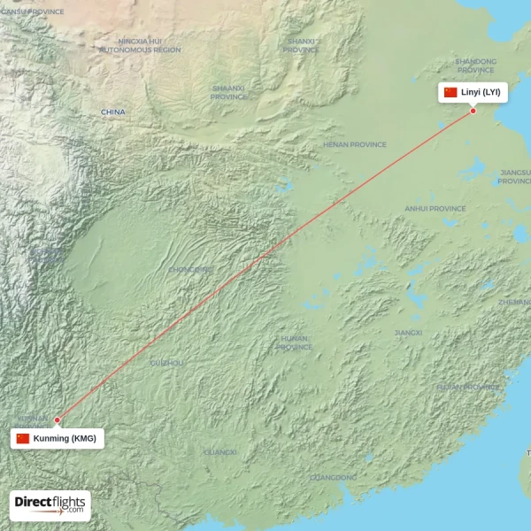 Kunming - Linyi direct flight map