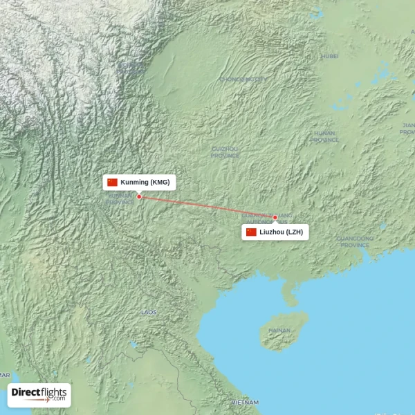Kunming - Liuzhou direct flight map