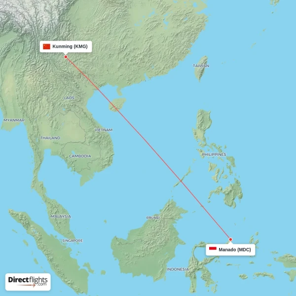 Kunming - Manado direct flight map