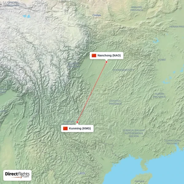 Kunming - Nanchong direct flight map