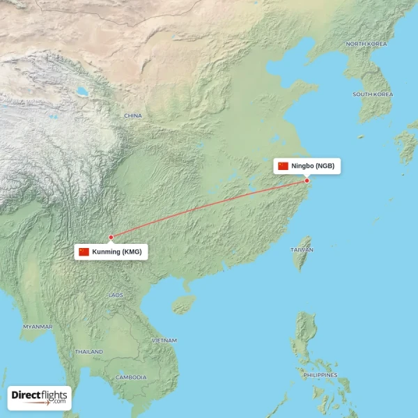 Kunming - Ningbo direct flight map