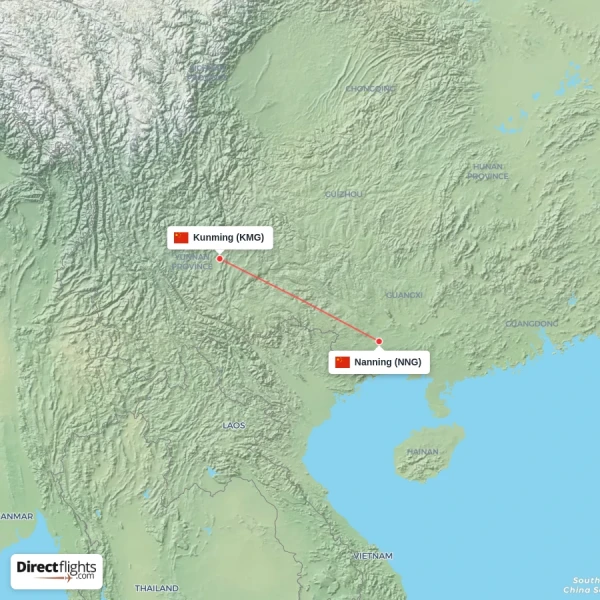 Kunming - Nanning direct flight map