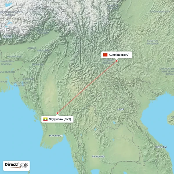 Kunming - Naypyidaw direct flight map