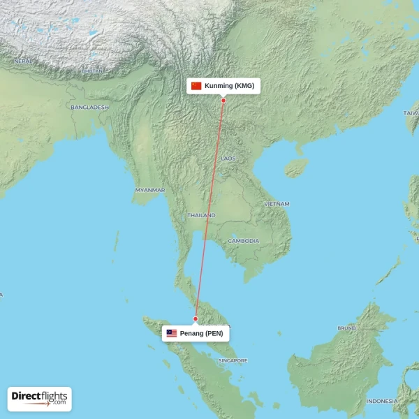 Kunming - Penang direct flight map