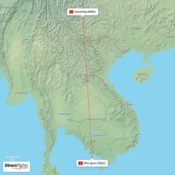 Kunming - Phu Quoc direct flight map