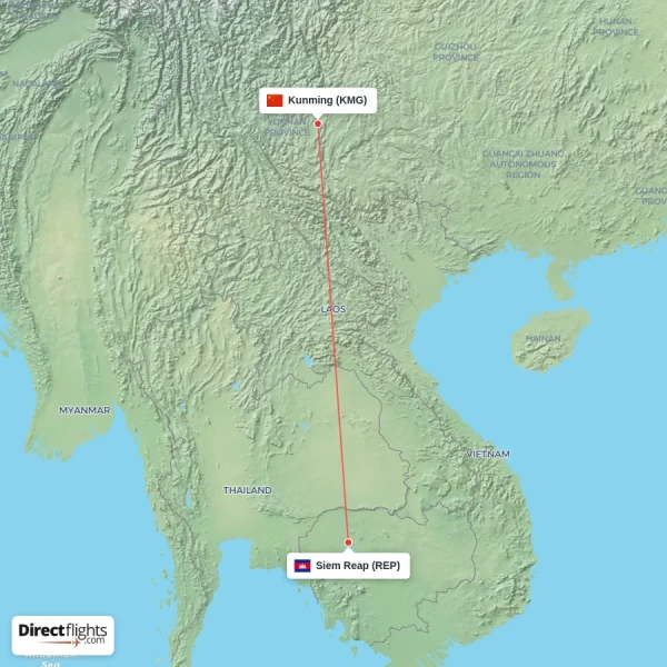Kunming - Siem Reap direct flight map