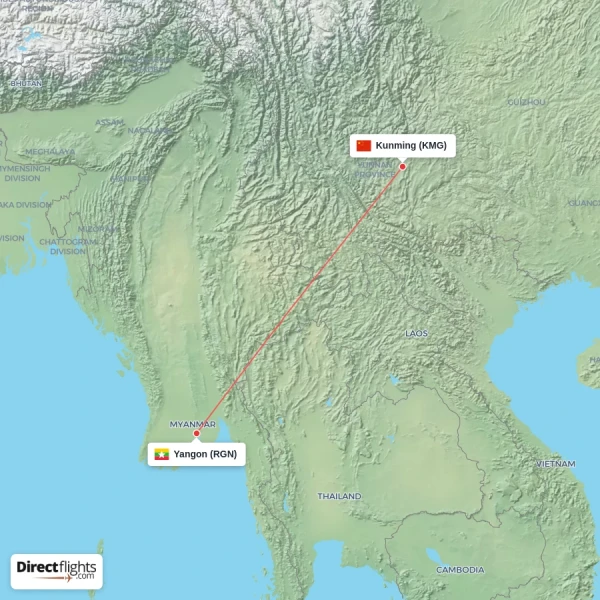 Kunming - Yangon direct flight map