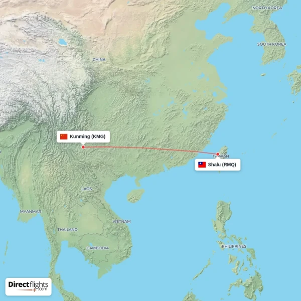 Kunming - Shalu direct flight map