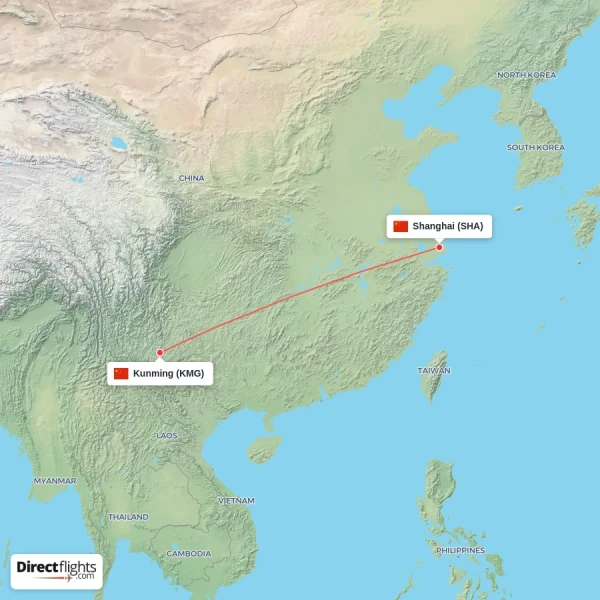 Kunming - Shanghai direct flight map