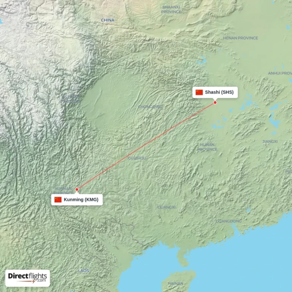 Kunming - Shashi direct flight map