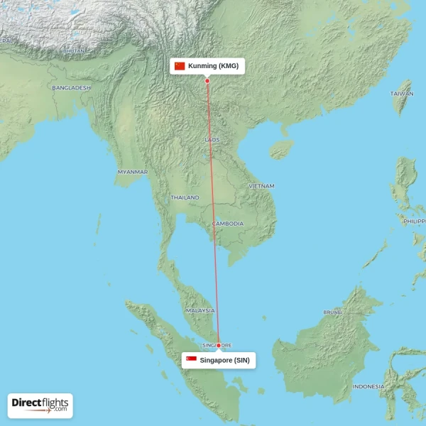 Kunming - Singapore direct flight map