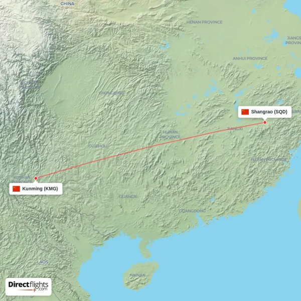 Kunming - Shangrao direct flight map