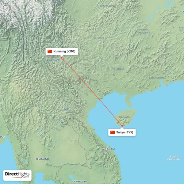 Kunming - Sanya direct flight map