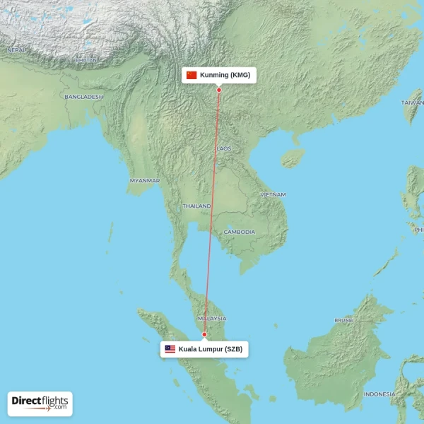 Kunming - Kuala Lumpur direct flight map