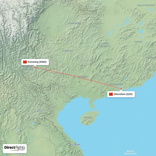 Kunming - Shenzhen direct flight map