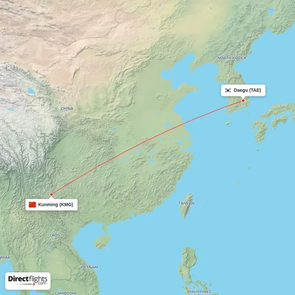 Kunming - Daegu direct flight map