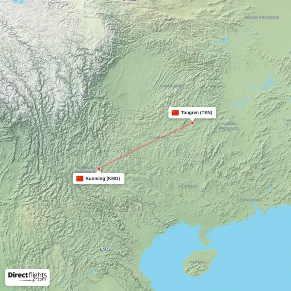Kunming - Tongren direct flight map