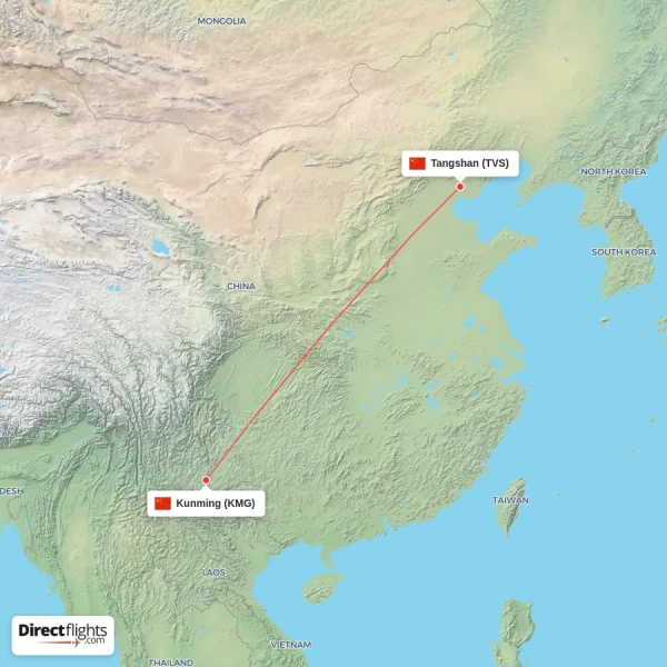 Kunming - Tangshan direct flight map