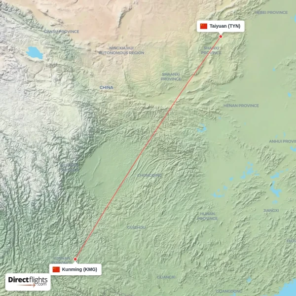 Kunming - Taiyuan direct flight map