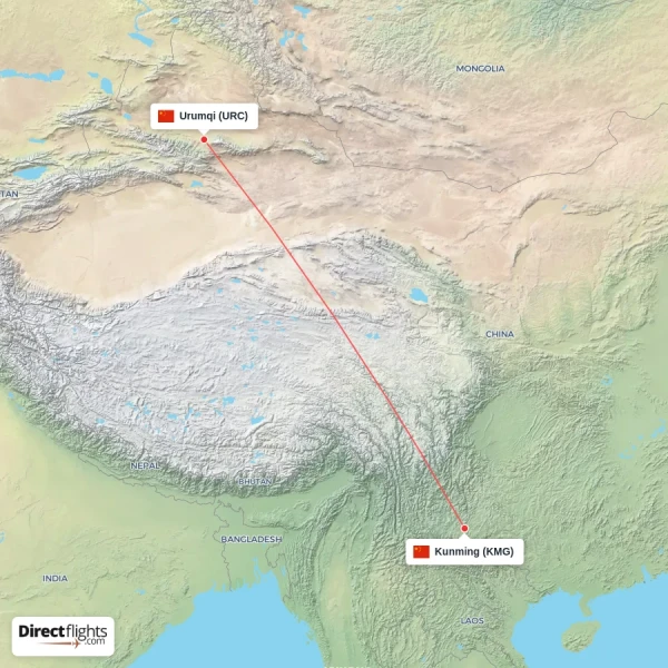 Kunming - Urumqi direct flight map