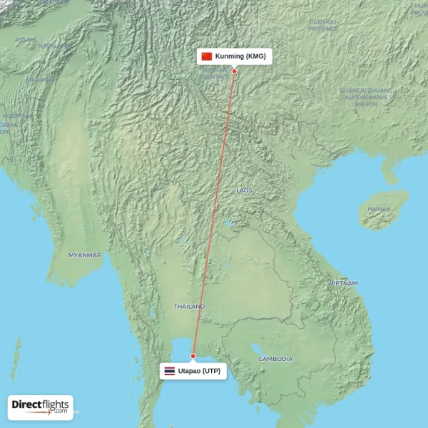Kunming - Utapao direct flight map