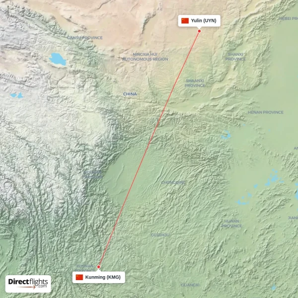 Kunming - Yulin direct flight map