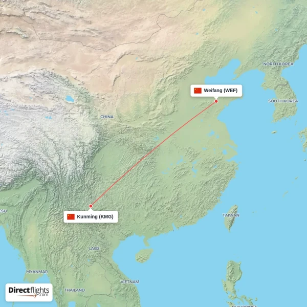 Kunming - Weifang direct flight map