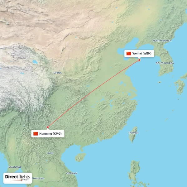 Kunming - Weihai direct flight map