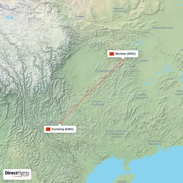 Kunming - Wushan direct flight map