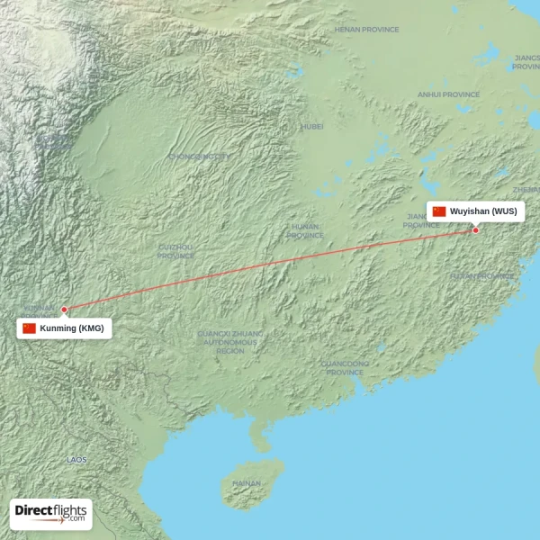 Kunming - Wuyishan direct flight map