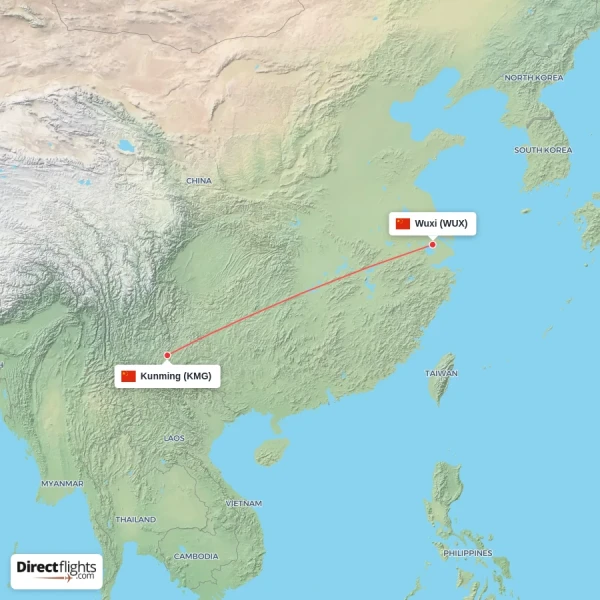 Kunming - Wuxi direct flight map
