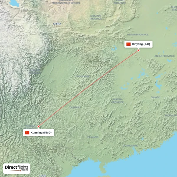 Kunming - Xinyang direct flight map