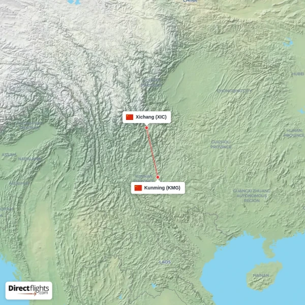 Kunming - Xichang direct flight map