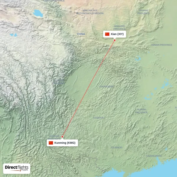 Kunming - Xian direct flight map