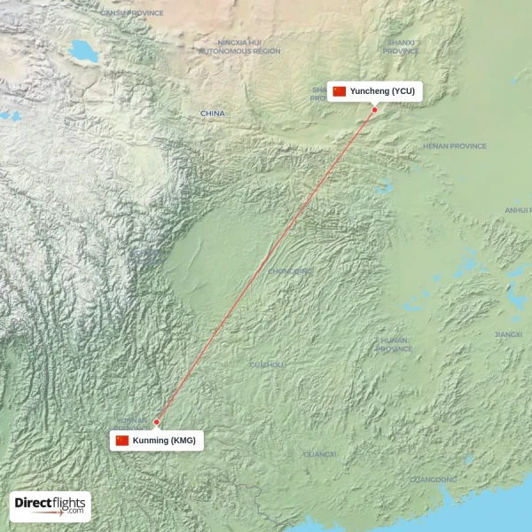 Kunming - Yuncheng direct flight map
