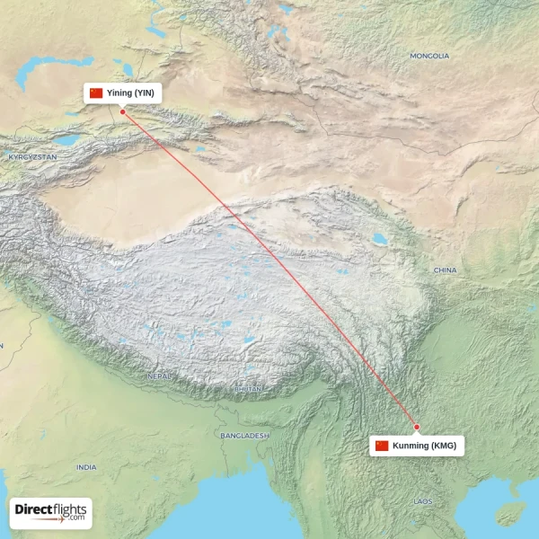 Kunming - Yining direct flight map