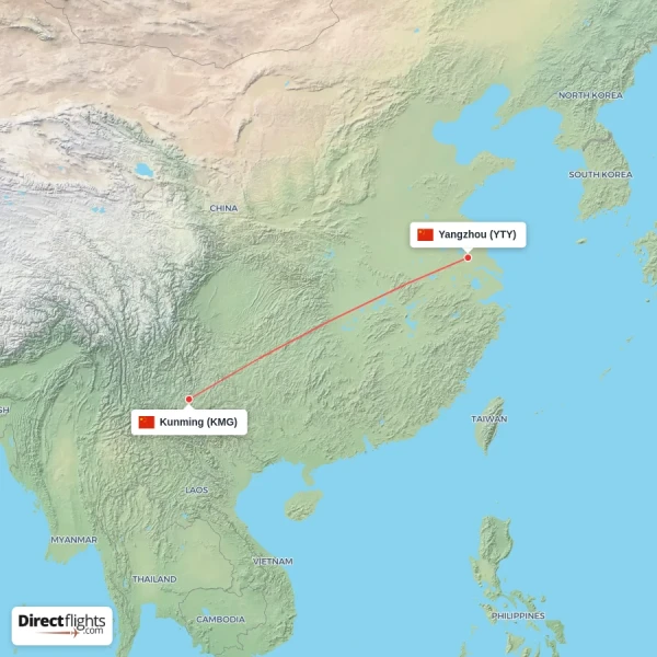 Kunming - Yangzhou direct flight map