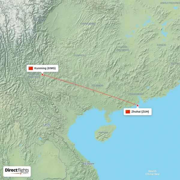 Kunming - Zhuhai direct flight map