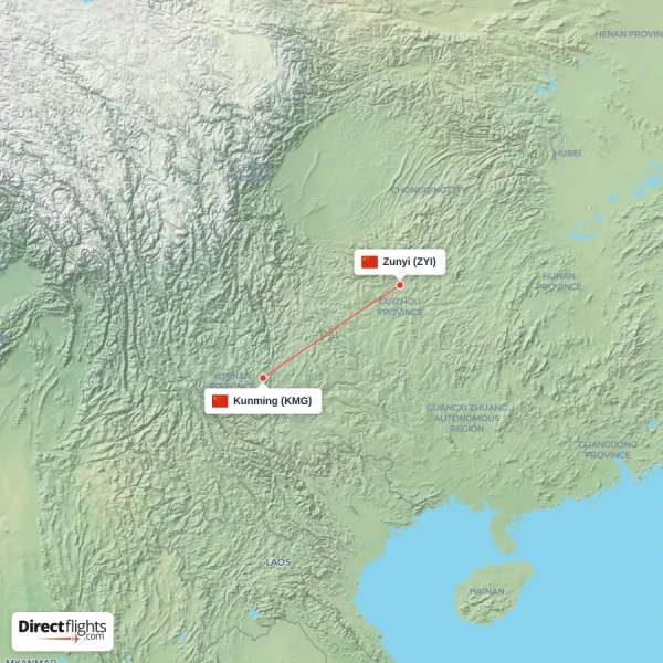 Kunming - Zunyi direct flight map