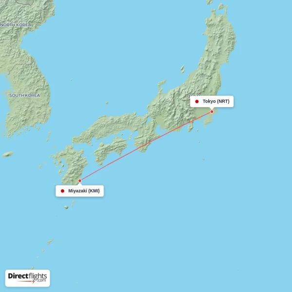 Miyazaki - Tokyo direct flight map