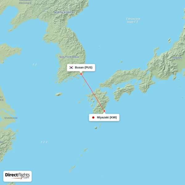 Miyazaki - Busan direct flight map