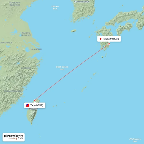 Miyazaki - Taipei direct flight map