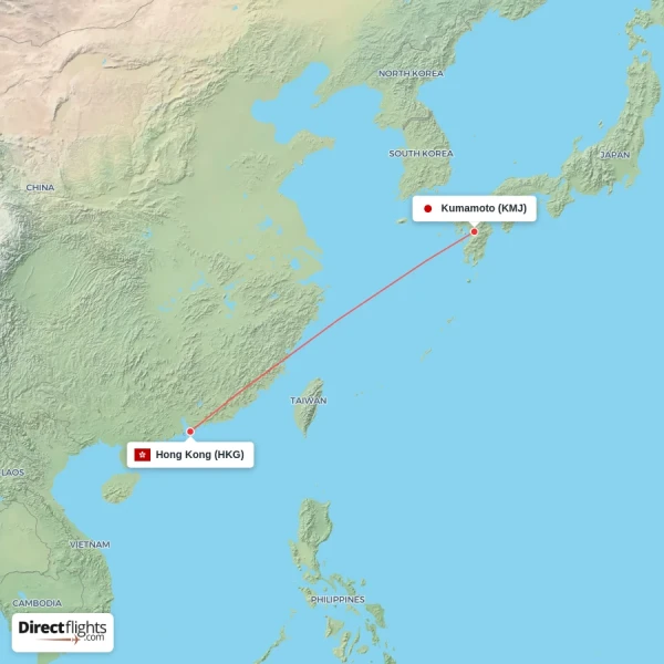 Kumamoto - Hong Kong direct flight map